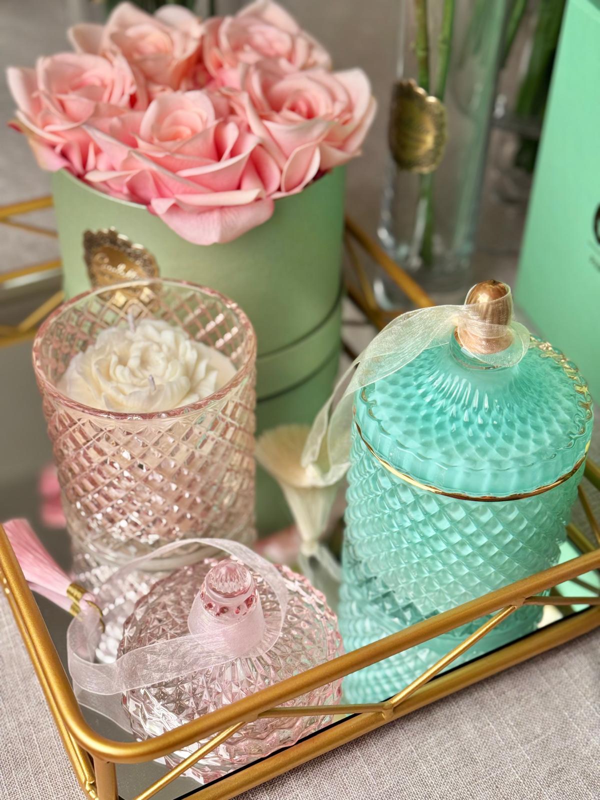 Vela em Bomboneira - Verde Água c/ Peónia