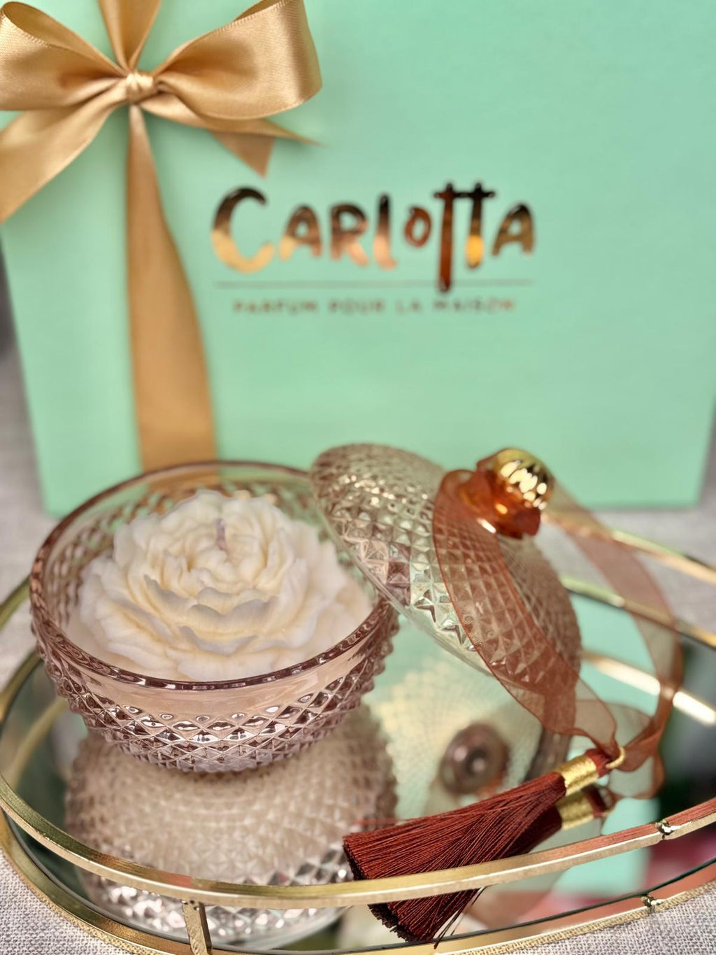 Vela em pote de vidro "Rond" - Bronze c/ Peónia (embalada em Caixa Premium)